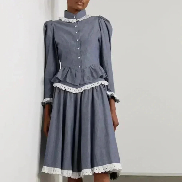 NWT Batsheva Shirley Broderie Anglaise Cotton-Chambray Skirt 6 - Picture 2 of 7